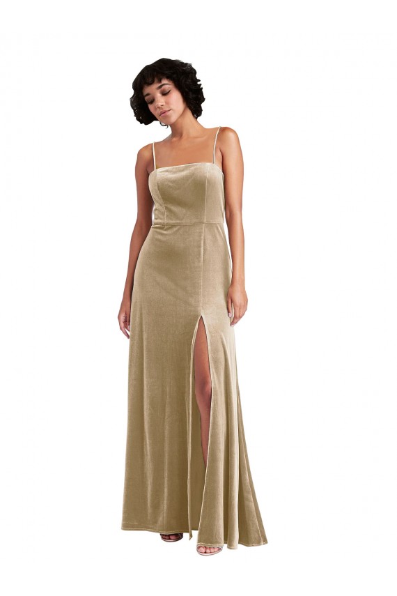 Stretch Velvet Square Neck Sleeveless Low Back Champagne Long Formal Evening Gown / Prom Dress / Bridesmaid Dress Kent