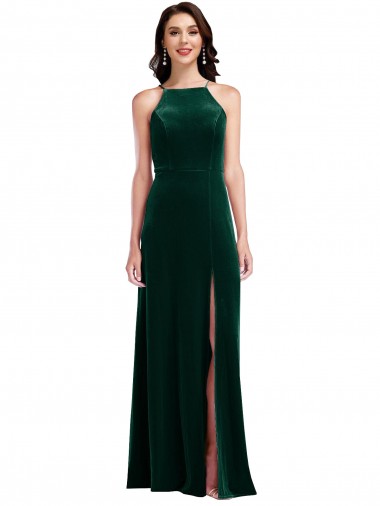 Stretch Velvet Halter Neck Sleeveless Long Semi Formal Evening Dress / Prom Dress / Bridesmaid Dress Kent