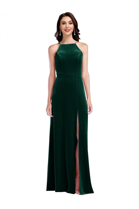 Stretch Velvet Halter Neck Sleeveless Long Semi Formal Evening Dress / Prom Dress / Bridesmaid Dress Kent