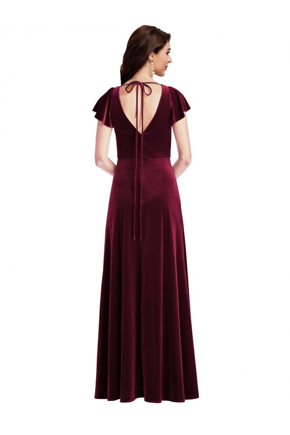 Stretch Velvet V-Neck Flutter Sleeves Long Semi Formal Evening Dress / Prom Dress / Bridesmaid Dress Kent