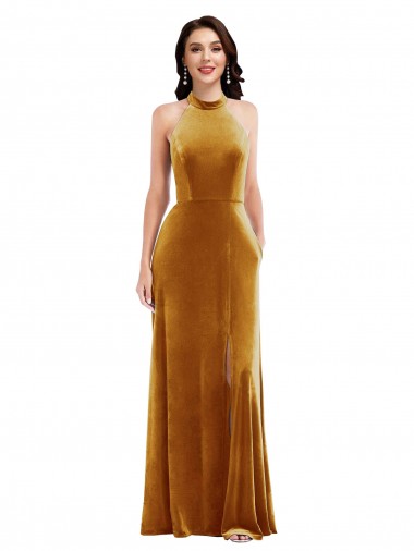 Stretch Velvet Halter Neck Sleeveless Keyhole Back Long Semi Formal Evening Dress / Prom Dress / Bridesmaid Dress Kent