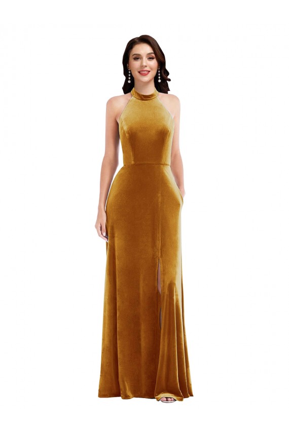Stretch Velvet Halter Neck Sleeveless Keyhole Back Long Semi Formal Evening Dress / Prom Dress / Bridesmaid Dress Kent