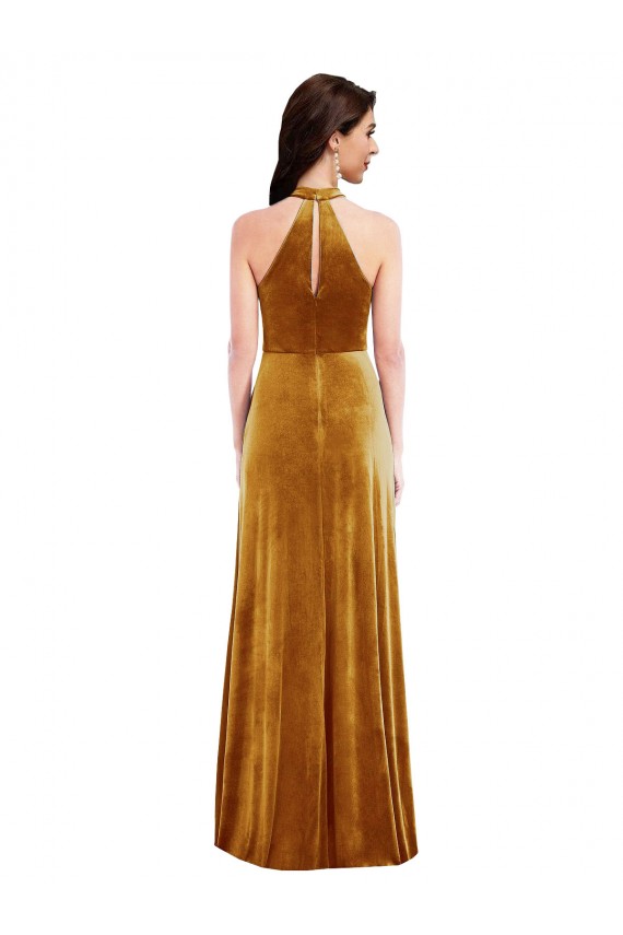 Stretch Velvet Halter Neck Sleeveless Keyhole Back Long Semi Formal Evening Dress / Prom Dress / Bridesmaid Dress Kent