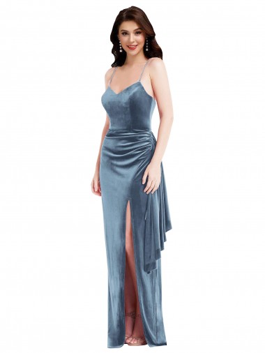 Stretch Velvet Spaghetti Straps Sleeveless Low Back Dusty Blue Long Formal Evening Gown / Prom Dress / Bridesmaid Dress Kent