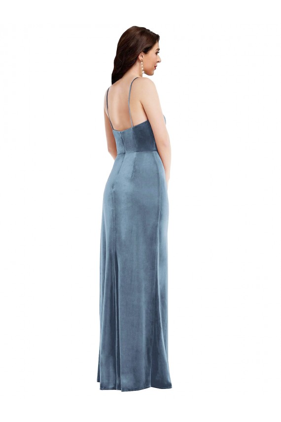 Stretch Velvet Spaghetti Straps Sleeveless Low Back Dusty Blue Long Formal Evening Gown / Prom Dress / Bridesmaid Dress Kent