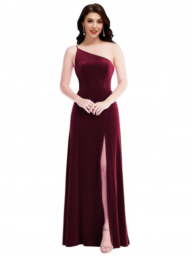 Stretch Velvet One Shoulder Sleeveless Burgundy Long Black Tie Evening Dress / Prom Dress / Bridesmaid Dress Kent