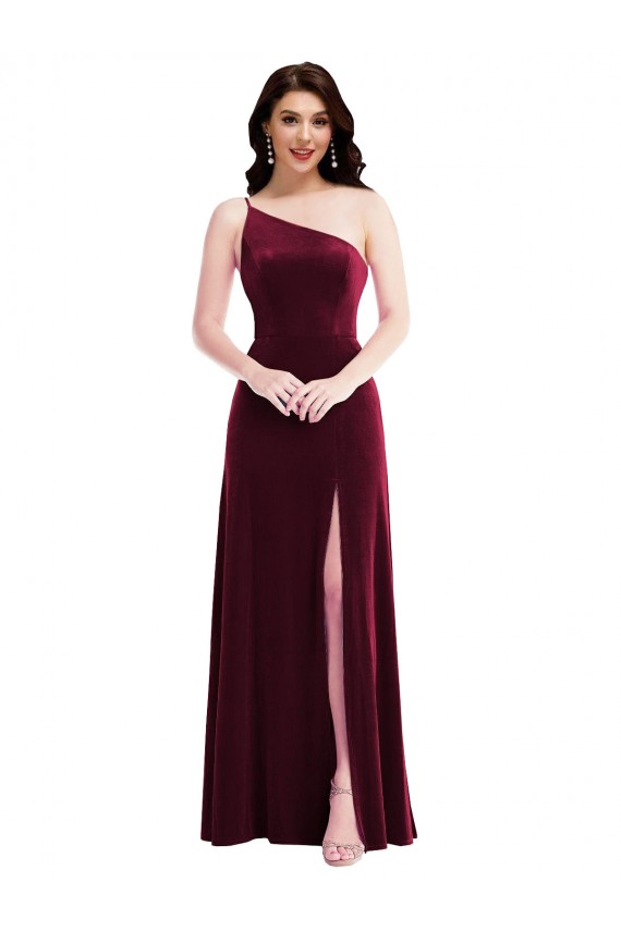 Stretch Velvet One Shoulder Sleeveless Burgundy Long Black Tie Evening Dress / Prom Dress / Bridesmaid Dress Kent