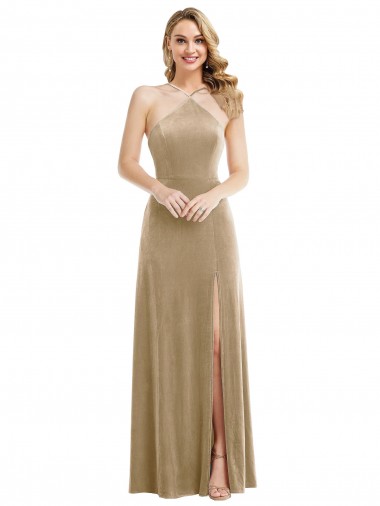 Stretch Velvet Halter Neck Sleeveless Open Back Long Semi Formal Evening Dress / Prom Dress / Bridesmaid Dress Kent