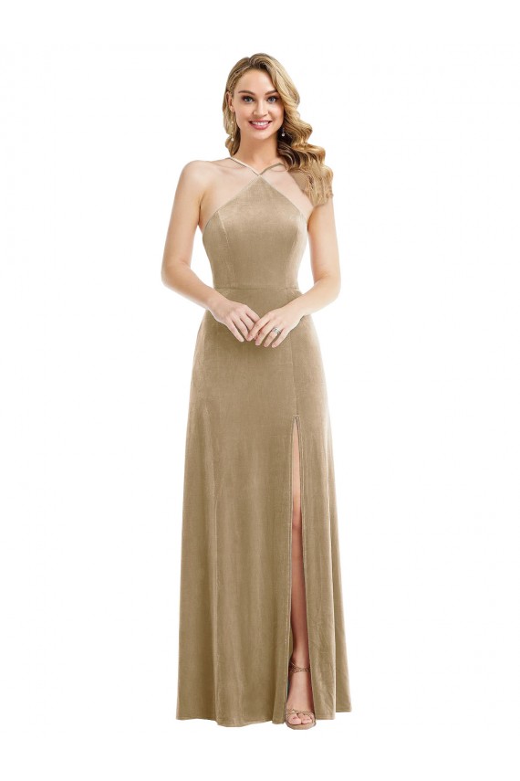 Stretch Velvet Halter Neck Sleeveless Open Back Long Semi Formal Evening Dress / Prom Dress / Bridesmaid Dress Kent