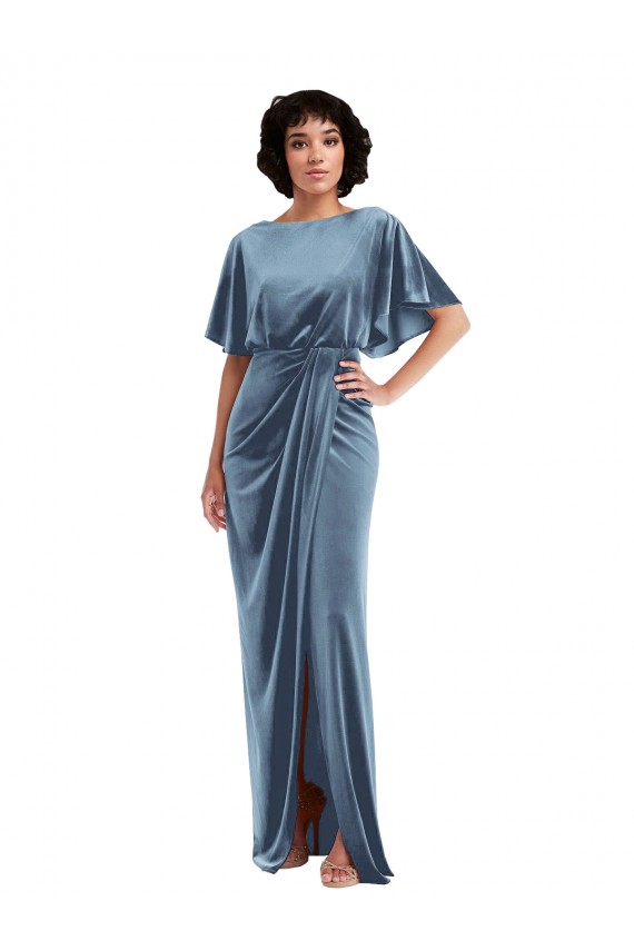 Stretch Velvet Flutter Sleeves Open Back Long Semi Formal Evening Dress / Prom Dress / Bridesmaid Dress Kent