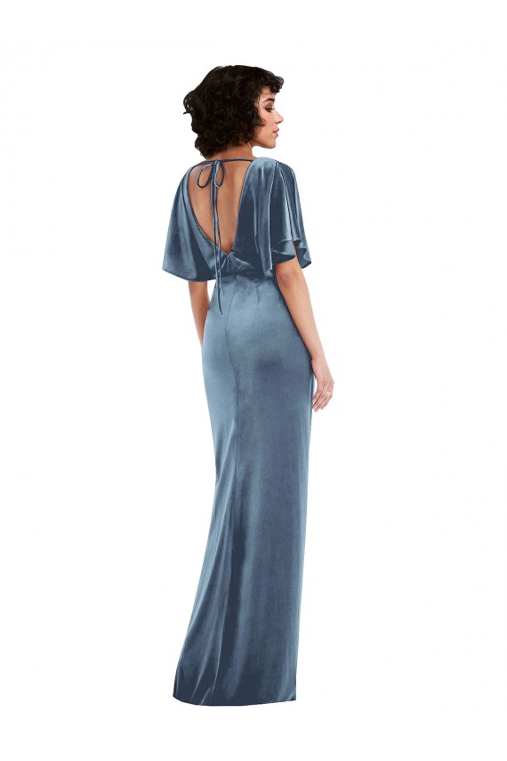 Stretch Velvet Flutter Sleeves Open Back Long Semi Formal Evening Dress / Prom Dress / Bridesmaid Dress Kent