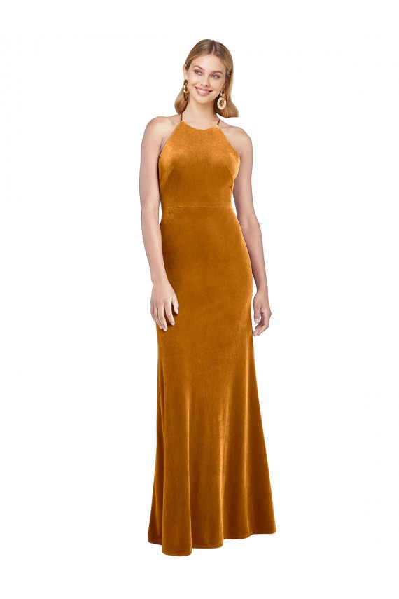 Stretch Velvet Halter Neck Sleeveless Open Back Long Formal Evening Gown / Prom Dress / Bridesmaid Dress Kent