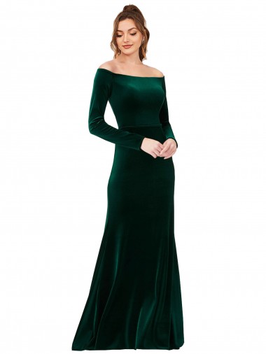 Stretch Velvet Off the Shoulder Long Sleeves Long Formal Evening Gown / Prom Dress / Bridesmaid Dress Kent