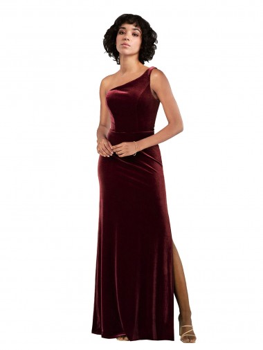 Stretch Velvet One Shoulder Sleeveless Burgundy Long Formal Evening Gown / Prom Dress / Bridesmaid Dress Kent