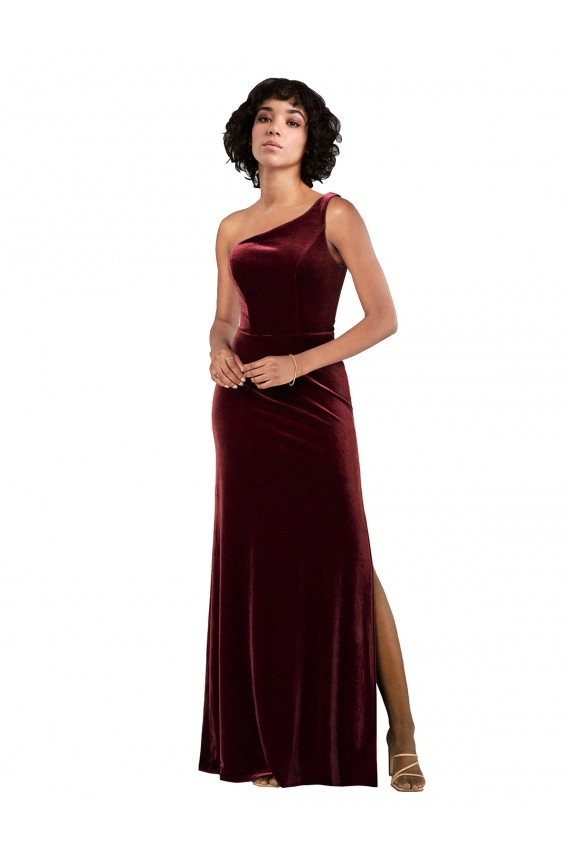 Stretch Velvet One Shoulder Sleeveless Burgundy Long Formal Evening Gown / Prom Dress / Bridesmaid Dress Kent