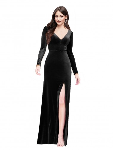 Stretch Velvet V-Neck Long Sleeves V-Back Long Formal Evening Gown / Prom Dress / Bridesmaid Dress Kent