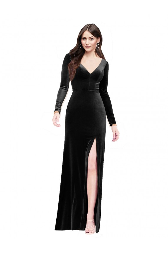 Stretch Velvet V-Neck Long Sleeves V-Back Long Formal Evening Gown / Prom Dress / Bridesmaid Dress Kent