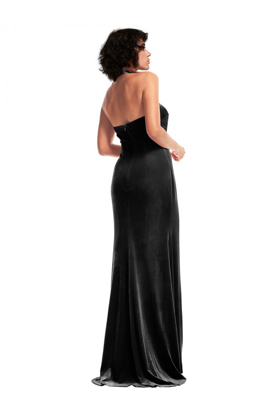 Stretch Velvet Halter Neck Sleeveless Low Back Long Formal Evening Gown / Prom Dress / Bridesmaid Dress Kent