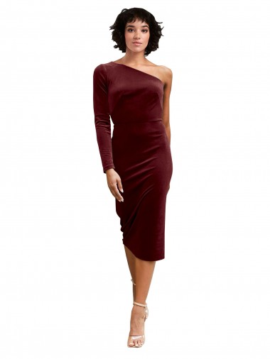 Stretch Velvet One Shoulder Long Sleeves Midi Length Black Tie Prom Dress / Bridesmaid Dress Kent
