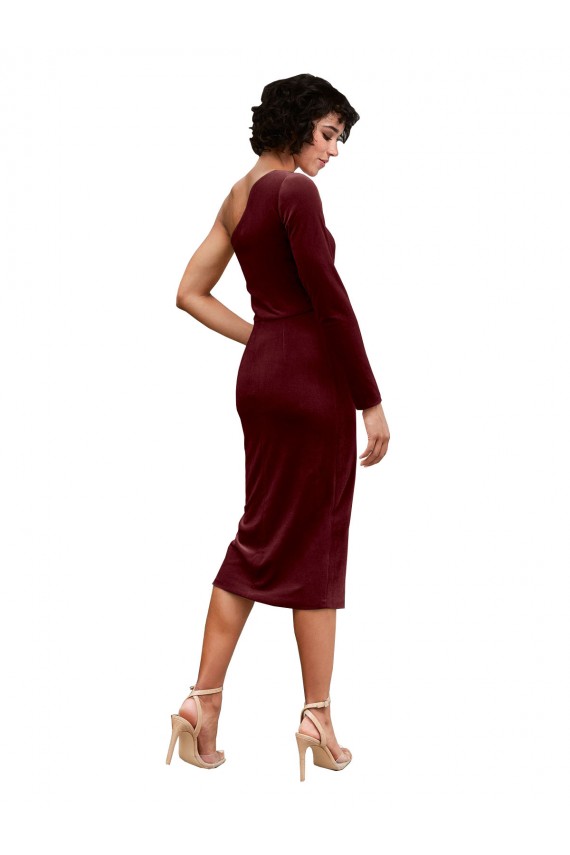Stretch Velvet One Shoulder Long Sleeves Midi Length Black Tie Prom Dress / Bridesmaid Dress Kent