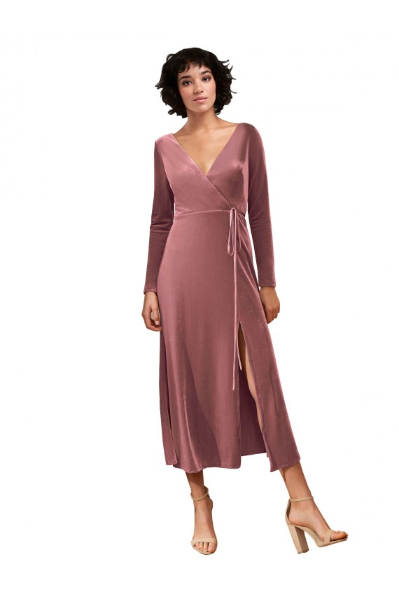 Stretch Velvet V-Neck Long Sleeves Midi Length Black Tie Prom Dress / Bridesmaid Dress Kent