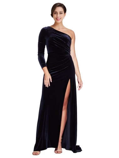 Stretch Velvet One Shoulder Long Sleeves Sweep Train Formal Evening Gown / Prom Dress / Bridesmaid Dress Kent