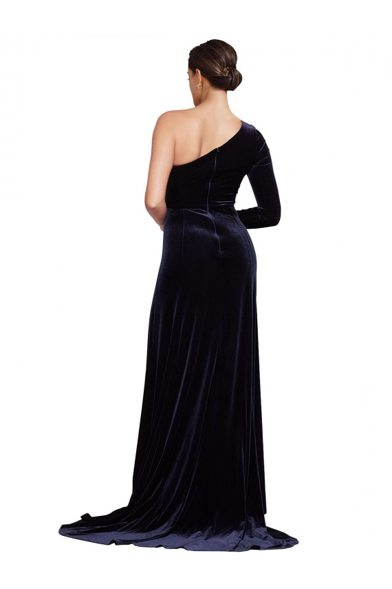 Stretch Velvet One Shoulder Long Sleeves Sweep Train Formal Evening Gown / Prom Dress / Bridesmaid Dress Kent