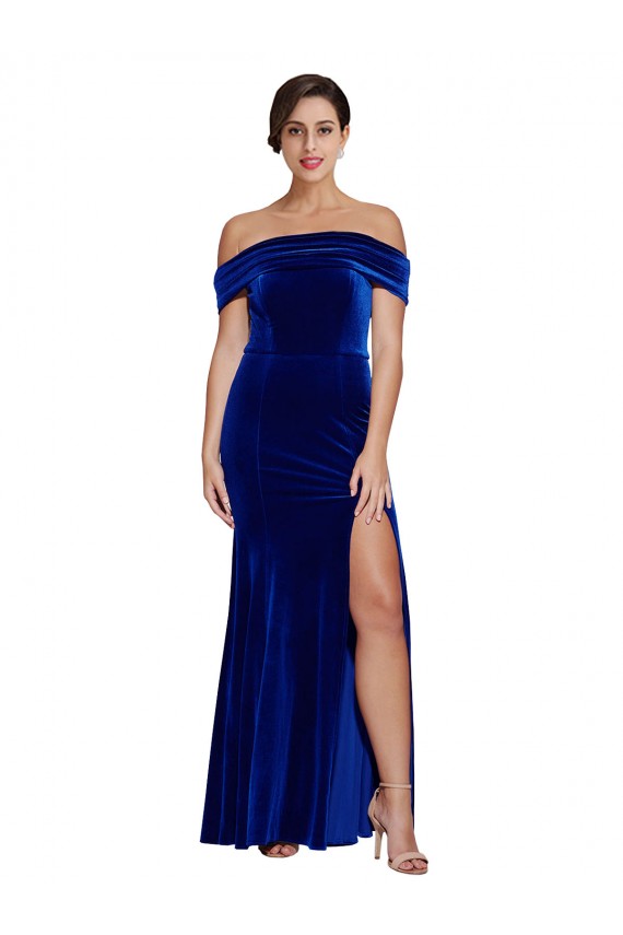 Stretch Velvet Off the Shoulder Sleeveless Royal Blue Long Formal Evening Gown / Prom Dress / Bridesmaid Dress Kent