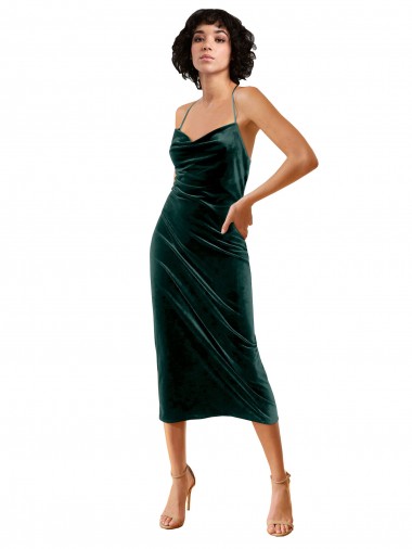 Stretch Velvet Spaghetti Straps Sleeveless Open Back Midi Length Formal Dress / Bridesmaid Dress Kent