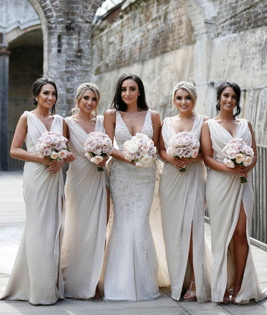 Full Length Luxe Chiffon Long Champagne bridesmaid dresses Kent with Sexy High Slit and Front Ruffles