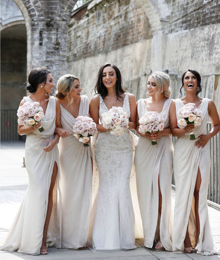 Full Length Luxe Chiffon Long Champagne bridesmaid dresses Kent with Sexy High Slit and Front Ruffles