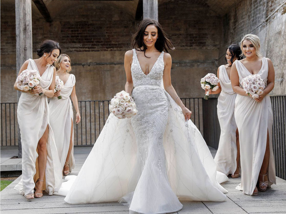 Full Length Luxe Chiffon Long Champagne bridesmaid dresses Kent with Sexy High Slit and Front Ruffles