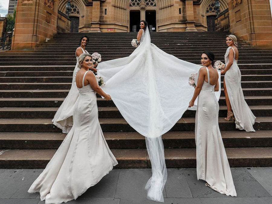 Full Length Luxe Chiffon Long Champagne bridesmaid dresses Kent with Sexy High Slit and Front Ruffles