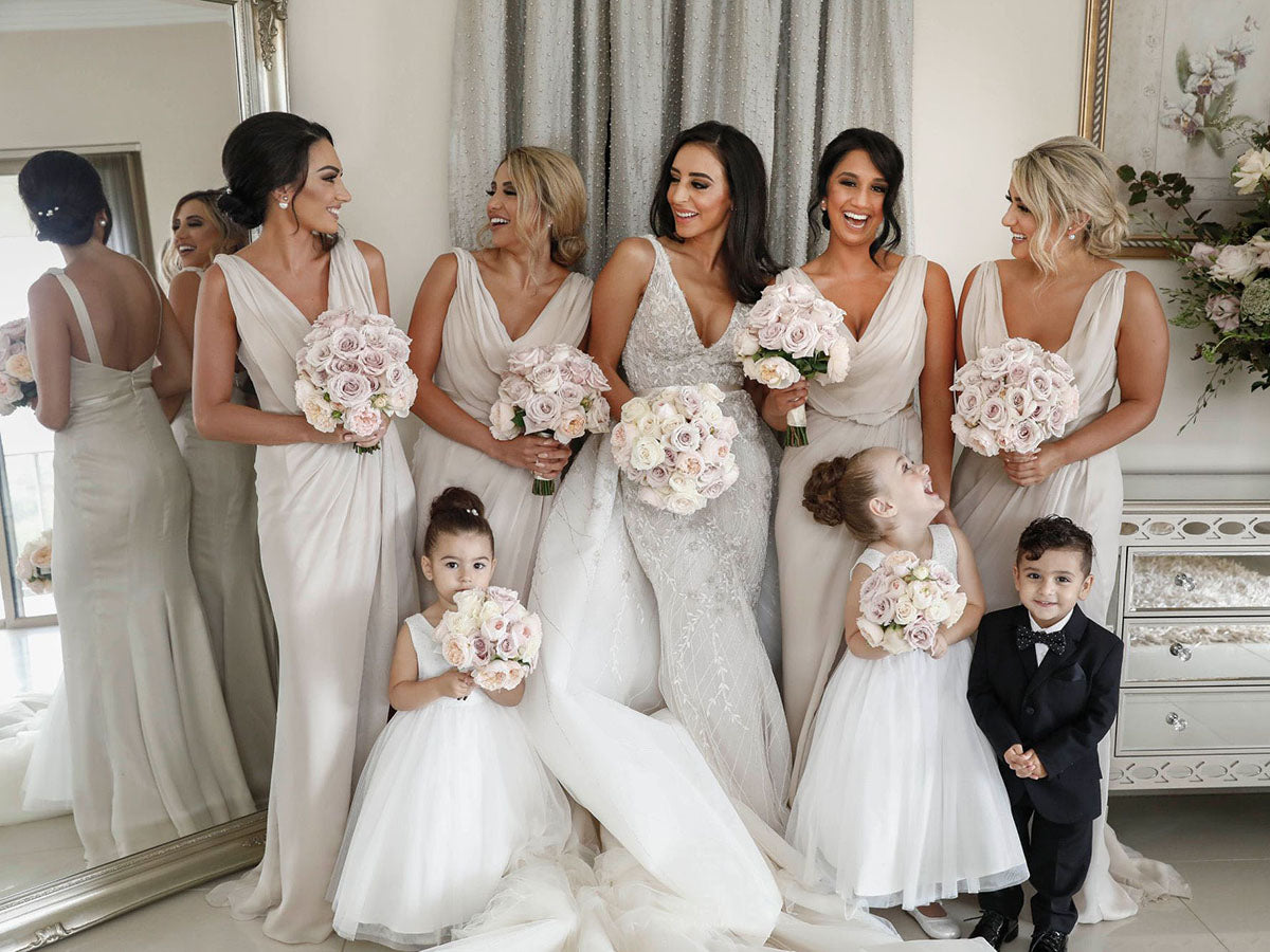 Full Length Luxe Chiffon Long Champagne bridesmaid dresses Kent with Sexy High Slit and Front Ruffles