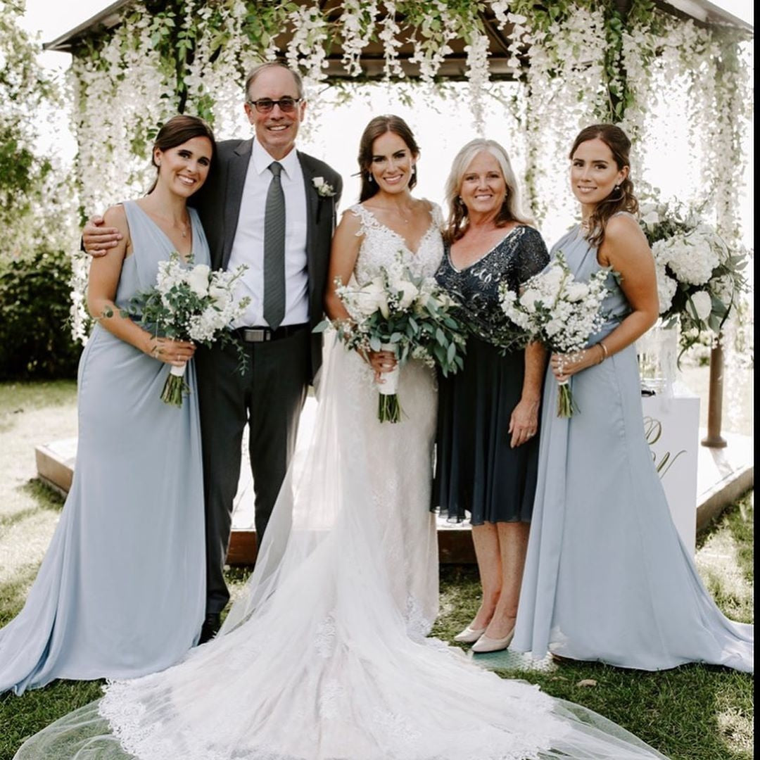 Dusty Blue Full Length Luxe Chiffon Long Champagne bridesmaid dresses Kent with Sexy High Slit and Front Ruffles