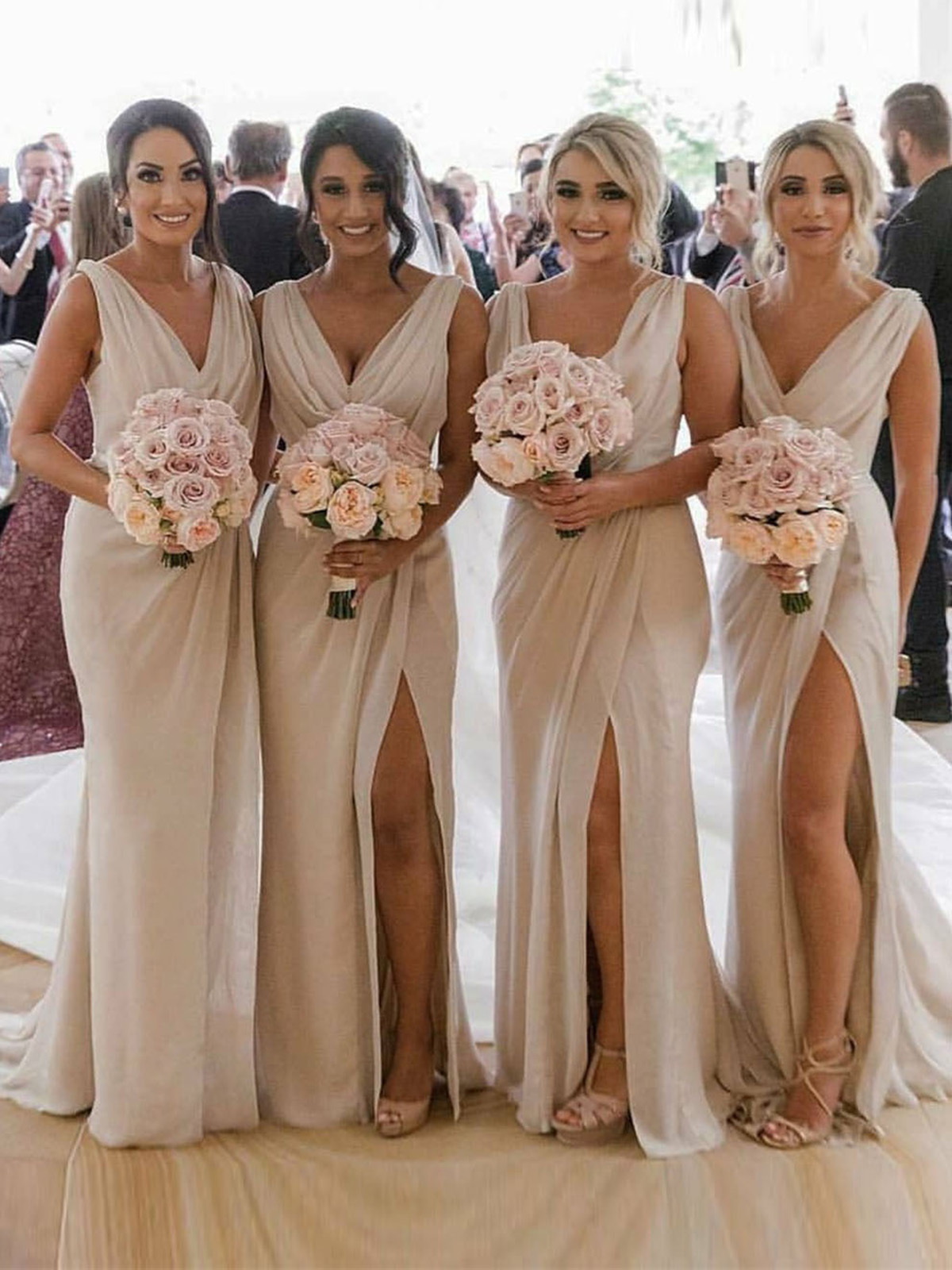 Champagne Full Length Luxe Chiffon Long Champagne bridesmaid dresses Kent with Sexy High Slit and Front Ruffles